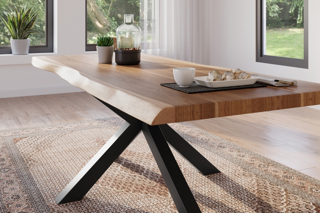 Esstisch Baumkante massiv Akazie natur 240 x 100 Spider-Gestell schwarz ATLAS itemprop=