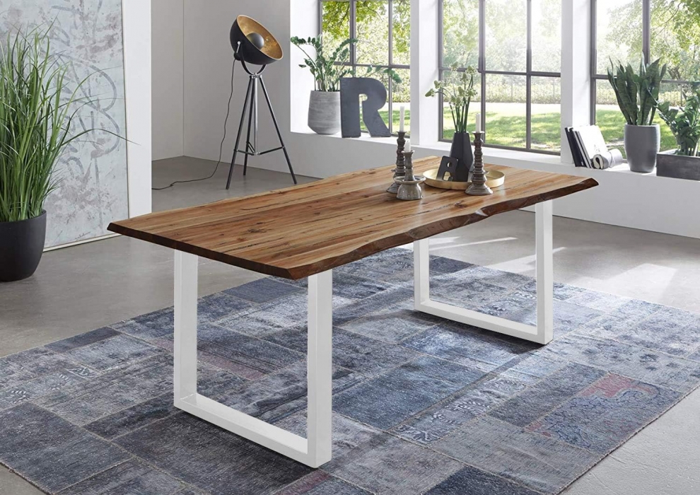 Esstisch Baumkante Massiv Akazie natur 120 x 80 weiß NOAH itemprop=