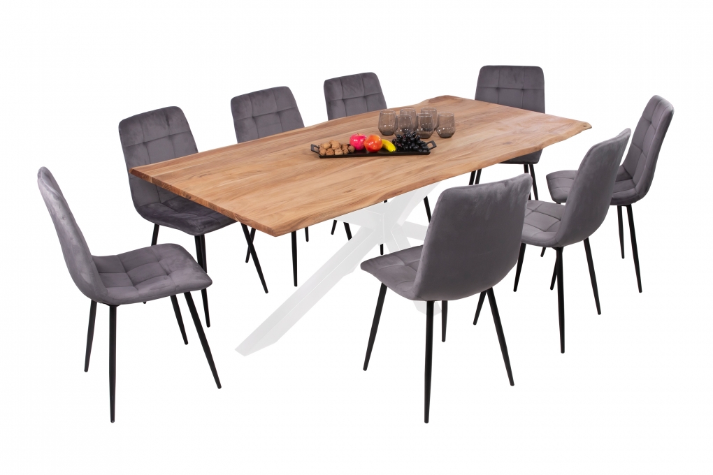 Esstisch Baumkante massiv Akazie eichefarben 180 x 90 cm Spider-Gestell weiß DEREK itemprop=