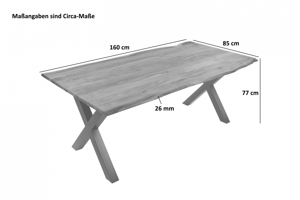 Esstisch Baumkante massiv Akazie eichefarben 160 x 85 cm X-Gestell schwarz DEREK itemprop=