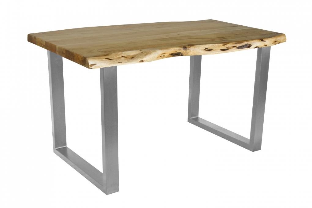 Esstisch Baumkante Akazie massiv eichenfarben 140 x 80 U-Gestell silber CALI itemprop=