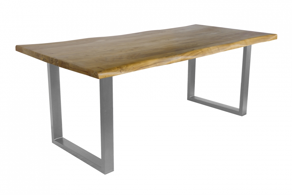 Esstisch Baumkante Akazie massiv eichenfarben 180 x 90 U-Gestell silber CALI itemprop=