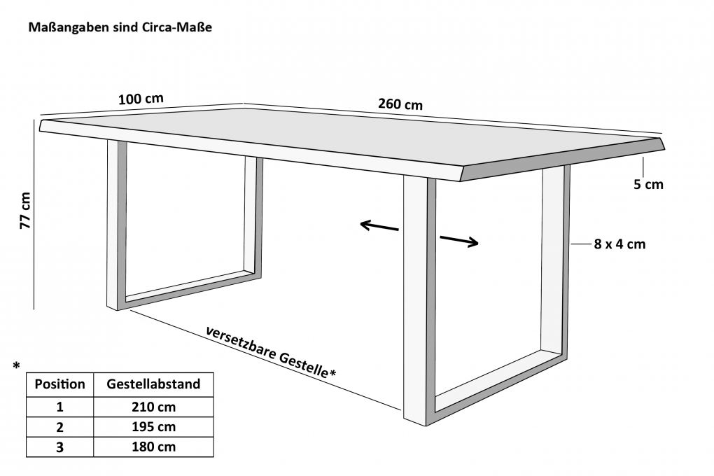 Esstisch Baumkante Akazie massiv eichenfarben 260 x 100 U-Gestell weiß CALI itemprop=