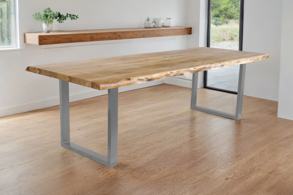 Esstisch Baumkante Akazie massiv Eiche 280 x 100 U-Gestell silber CALI itemprop=
