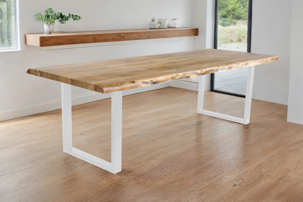 Esstisch Baumkante Akazie massiv Eiche 280 x 100 U-Gestell weiß CALI itemprop=