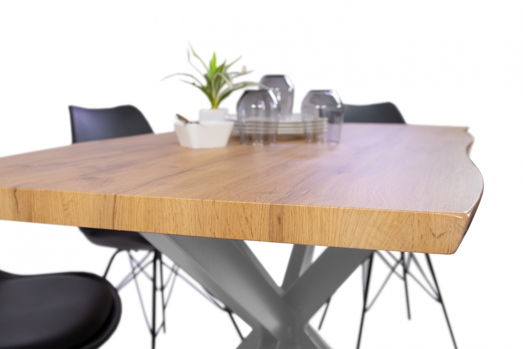 Esstisch Baumkante Holz Wildeiche-Optik 120 x 80 Spider-Gestell silber JOSY itemprop=