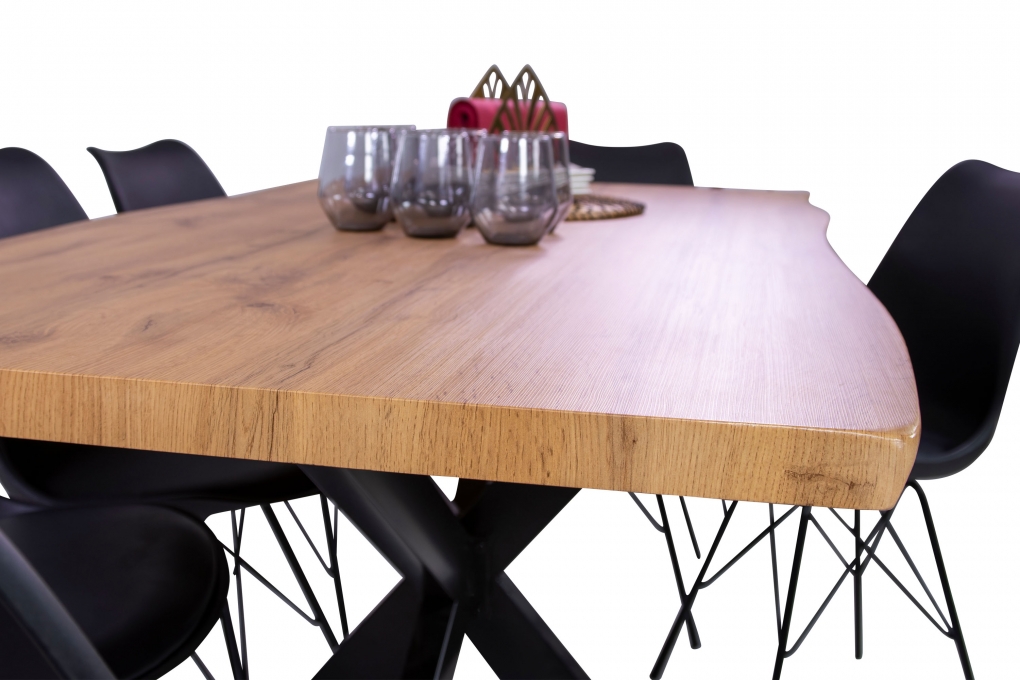 Esstisch Baumkante Holz-Optik Wildeiche 160 x 85 Spider-Gestell schwarz JOSY itemprop=