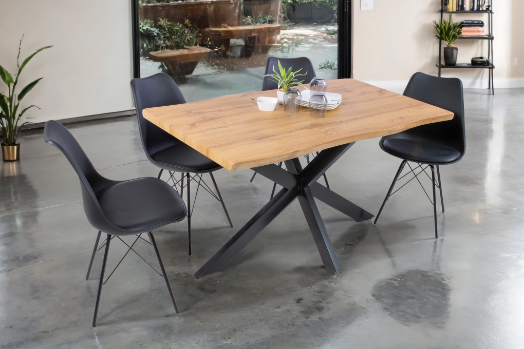 Esstisch Baumkante Holz-Optik Wildeiche 140 x 80 Spider-Gestell schwarz JOSY itemprop=