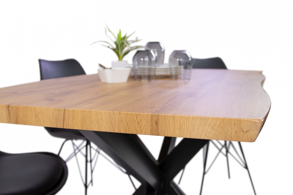Esstisch Baumkante Holz-Optik Wildeiche 140 x 80 Spider-Gestell schwarz JOSY itemprop=
