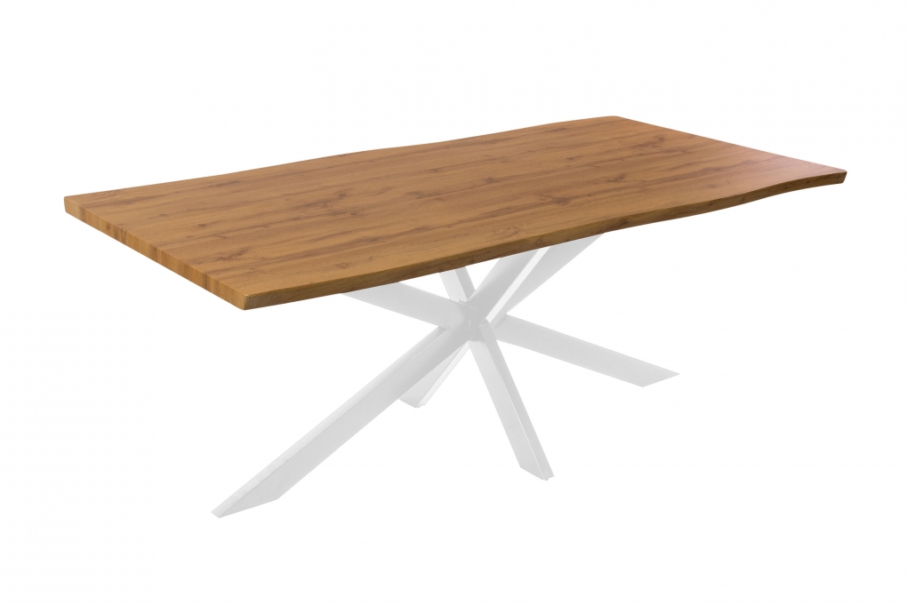 Esstisch Baumkante Holz Wildeiche-Optik 200 x 100 Spider-Gestell weiß JOSY itemprop=