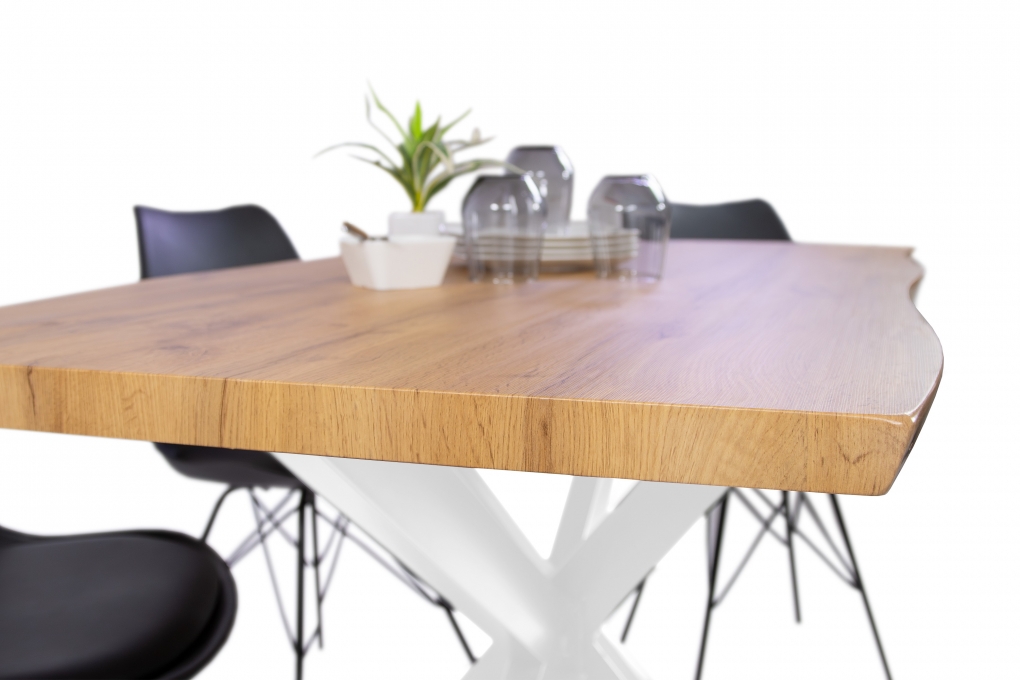 Esstisch Baumkante Holz Wildeiche-Optik 120 x 80 Spider-Gestell weiß JOSY itemprop=