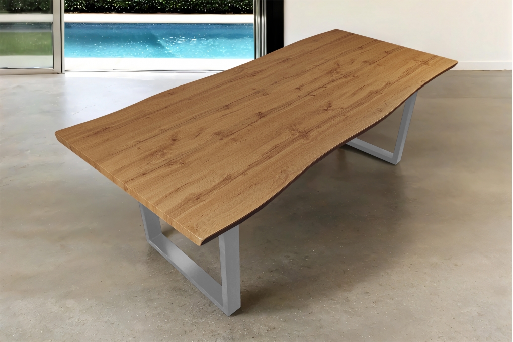 Esstisch Baumkante Holz-Optik Wildeiche 240 x 100 U-Gestell silber JOSY itemprop=