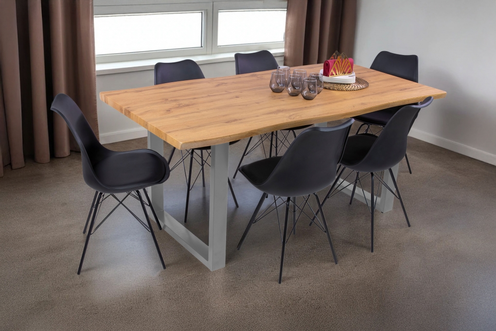 Esstisch Baumkante Holz-Optik Wildeiche 180 x 90 U-Gestell silber JOSY itemprop=