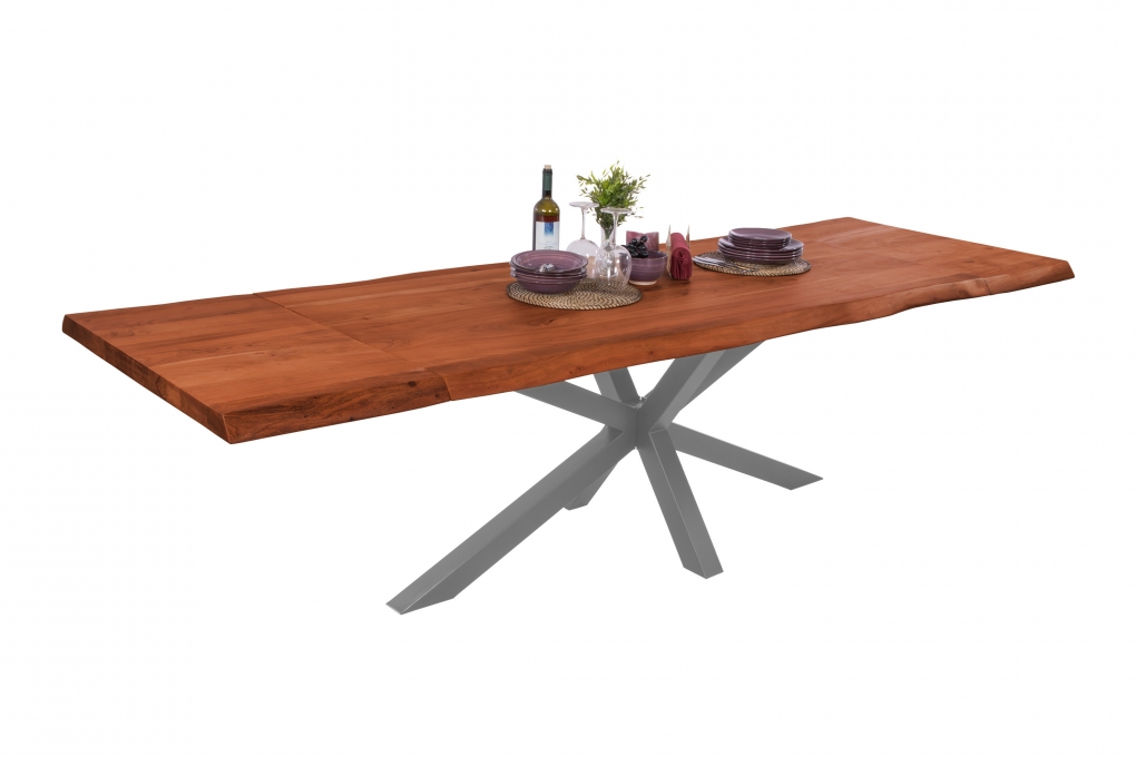Esstisch Baumkante Akazie nuss 200 (300) x 100 Spider-Gestell silber mit Ansteckplatten CALI itemprop=