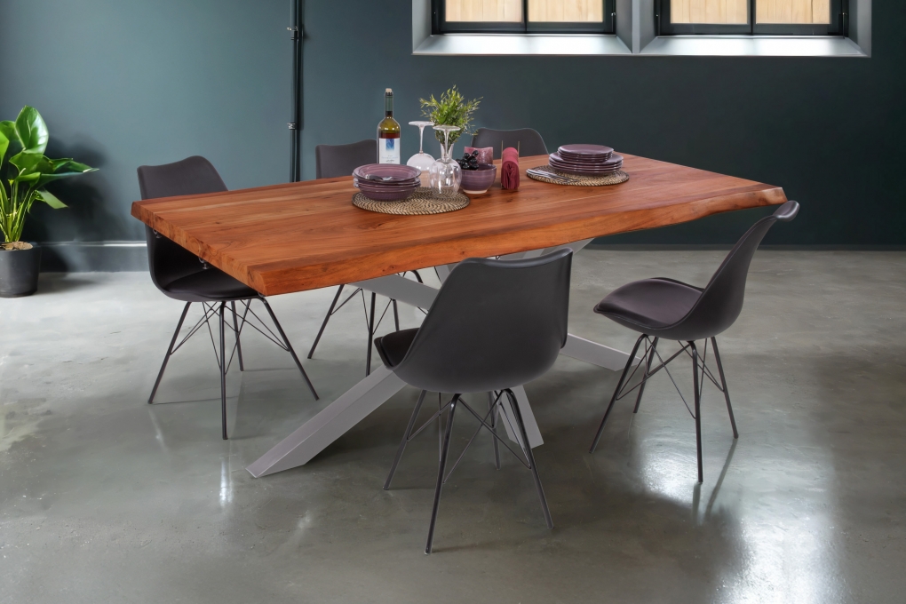 Esstisch Baumkante Akazie nuss 200 (300) x 100 Spider-Gestell silber mit Ansteckplatten CALI itemprop=