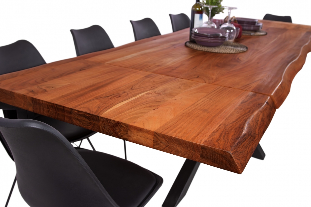 Esstisch Baumkante Akazie nuss 200 (300) x 100 Spider-Gestell silber mit Ansteckplatten CALI itemprop=