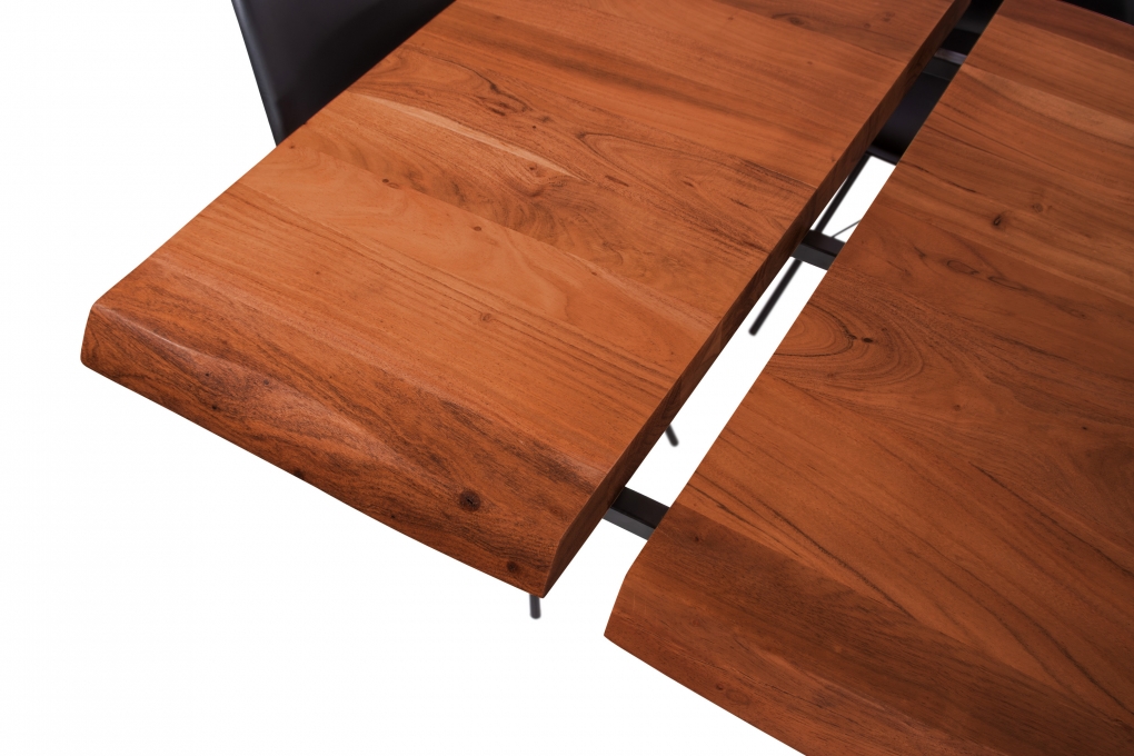 Esstisch Baumkante Akazie nuss 200 (300) x 100 Spider-Gestell silber mit Ansteckplatten CALI itemprop=