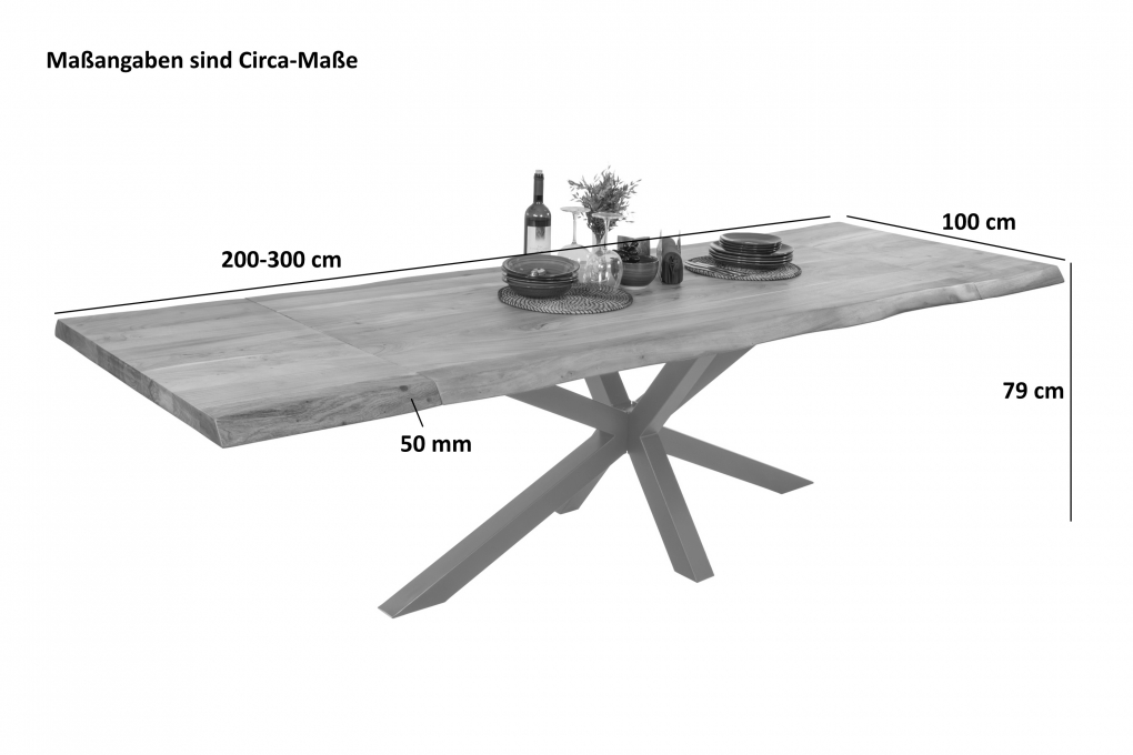 Esstisch Baumkante Akazie nuss 200 (300) x 100 Spider-Gestell silber mit Ansteckplatten CALI itemprop=
