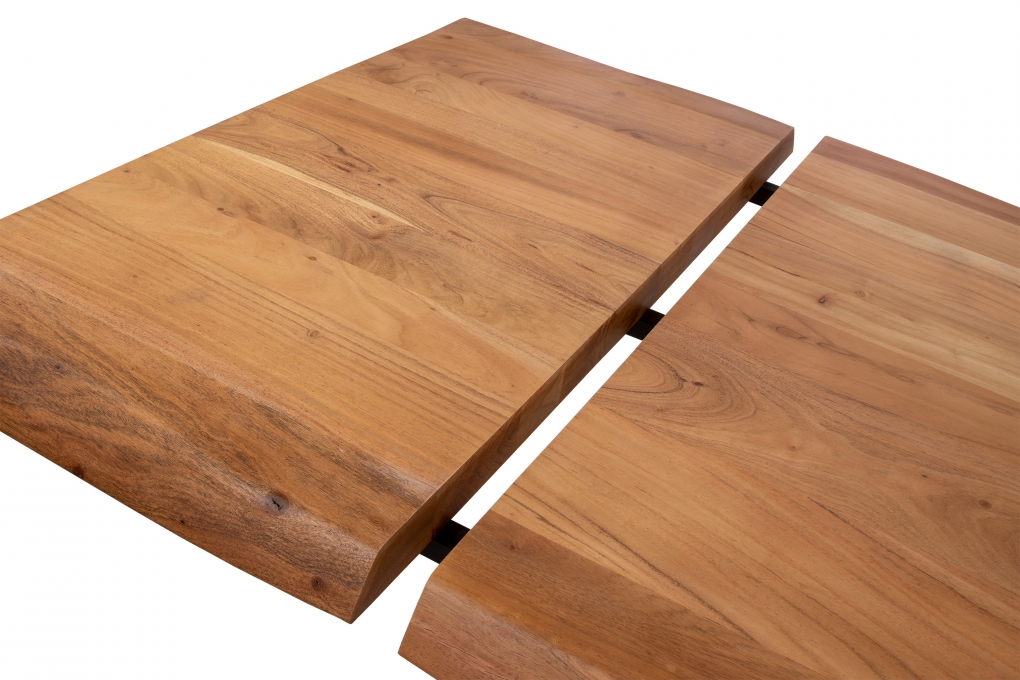 Esstisch Baumkante Akazie natur 200 (300) x 100 X-Gestell schwarz mit Ansteckplatten CALI itemprop=