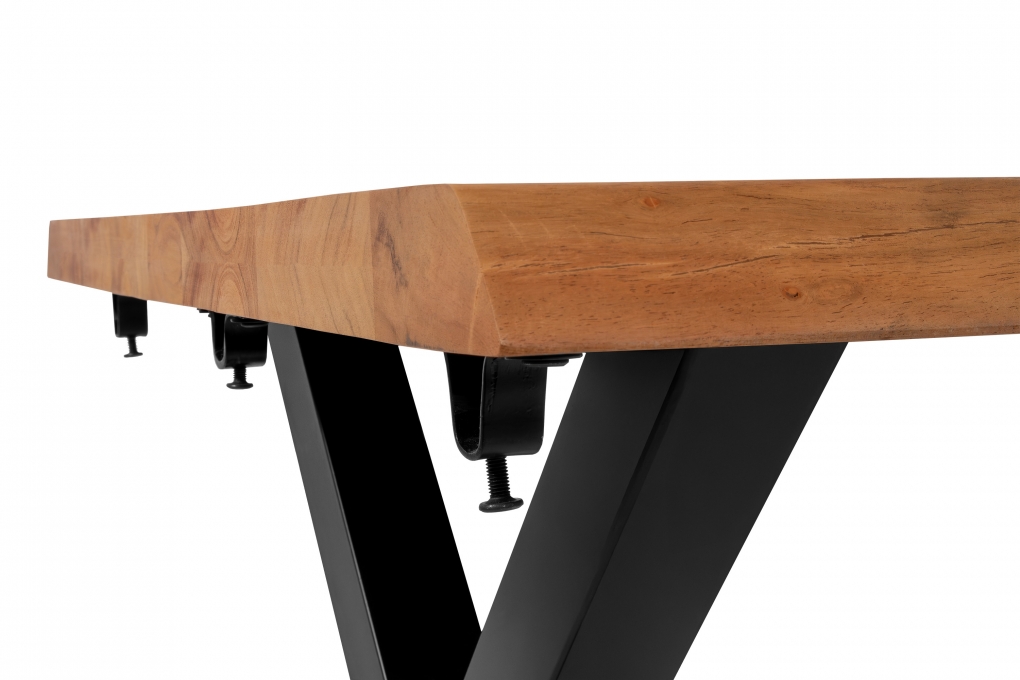 Esstisch Baumkante Akazie natur 200 (300) x 100 X-Gestell schwarz mit Ansteckplatten CALI itemprop=