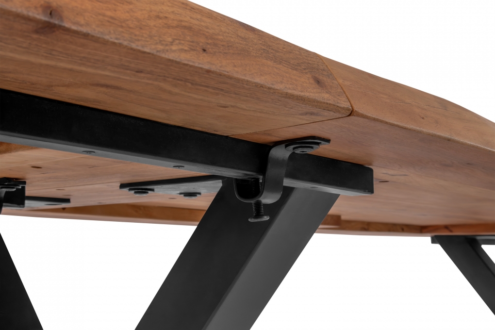Esstisch Baumkante Akazie natur 200 (300) x 100 X-Gestell schwarz mit Ansteckplatten CALI itemprop=