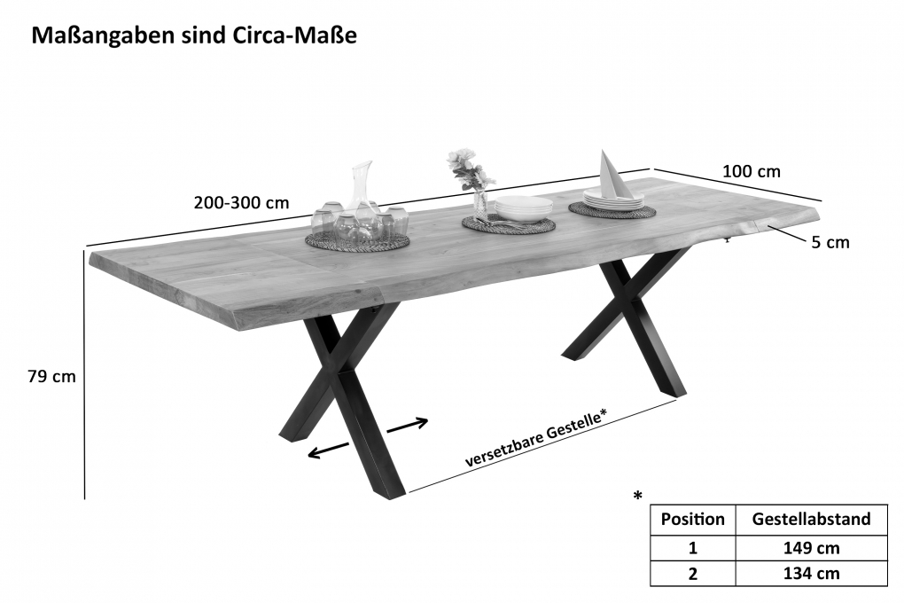 Esstisch Baumkante Akazie natur 200 (300) x 100 X-Gestell schwarz mit Ansteckplatten CALI itemprop=