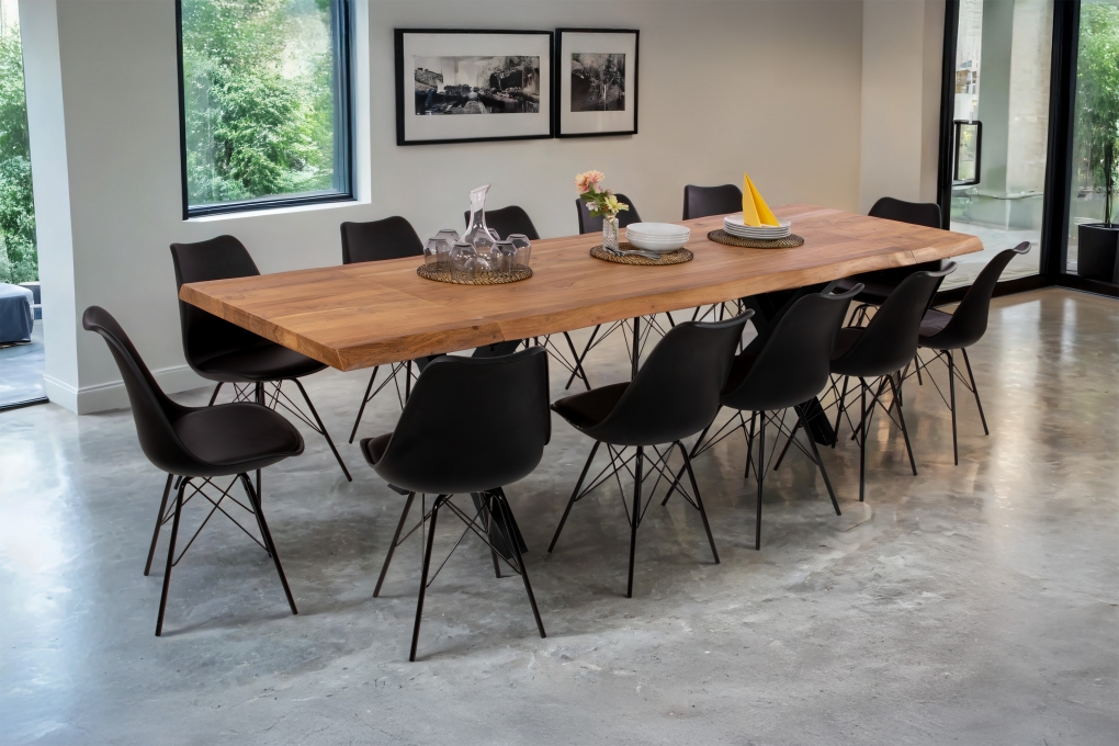 Esstisch Baumkante Akazie natur 180 (280) x 90 X-Gestell schwarz mit Ansteckplatten CALI itemprop=