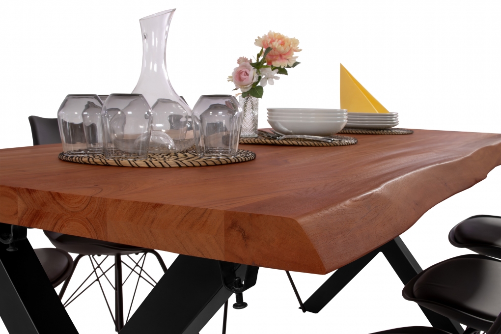 Esstisch Baumkante Akazie nuss 160 (260) x 90 cm X-Gestell schwarz mit Ansteckplatten CALI itemprop=