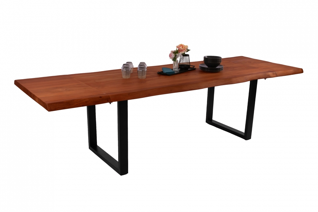 Esstisch Baumkante Akazie nuss 160 (260) x 90 cm U-Gestell schwarz mit Ansteckplatten CALI itemprop=