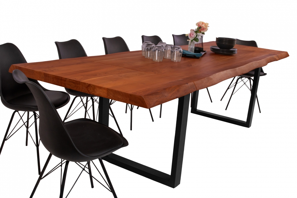 Esstisch Baumkante Akazie nuss 160 (260) x 90 cm U-Gestell schwarz mit Ansteckplatten CALI itemprop=
