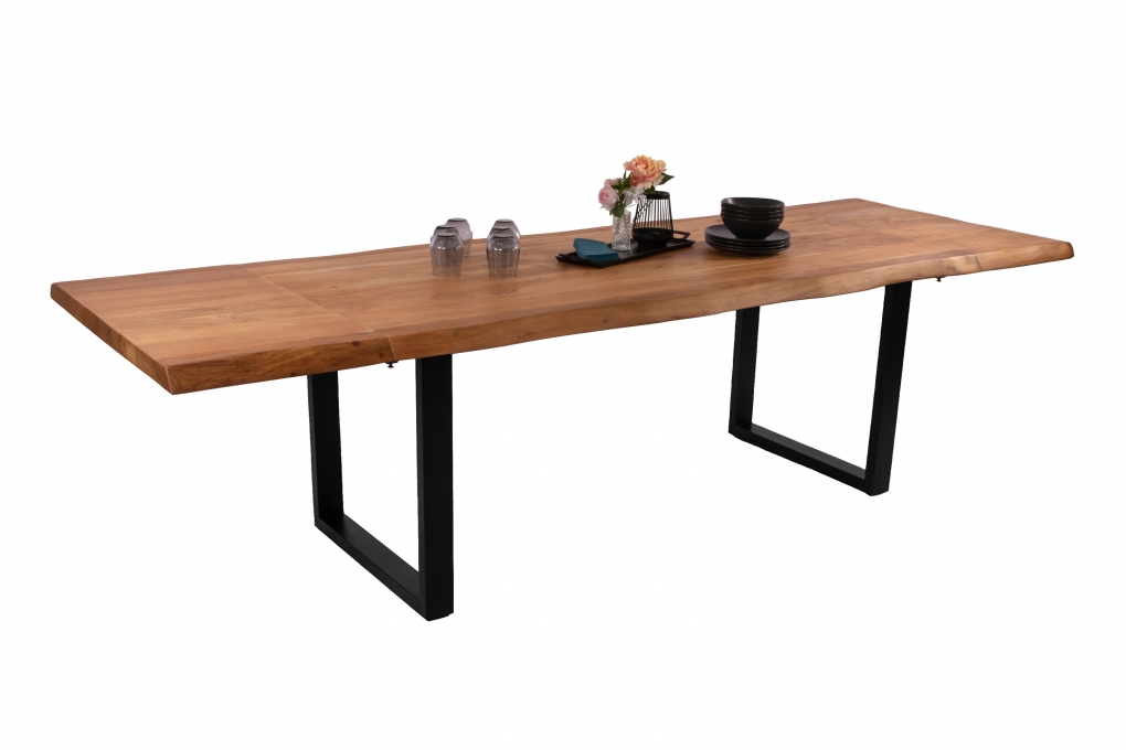 Esstisch Baumkante Akazie natur 200 (300) x 100 U-Gestell schwarz mit Ansteckplatten CALI itemprop=