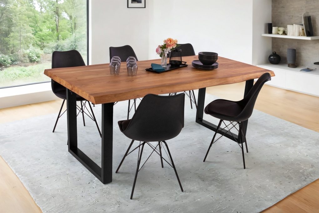 Esstisch Baumkante Akazie natur 200 (300) x 100 U-Gestell schwarz mit Ansteckplatten CALI itemprop=
