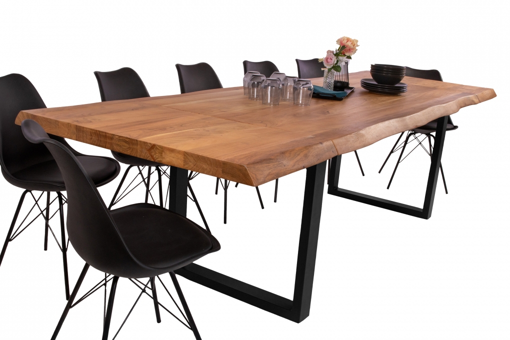 Esstisch Baumkante Akazie natur 220 (320) x 100 U-Gestell schwarz mit Ansteckplatten CALI itemprop=