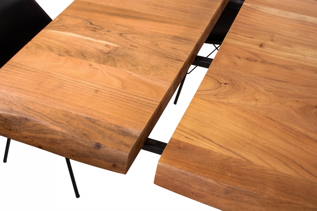 Esstisch Baumkante Akazie natur 220 (320) x 100 U-Gestell schwarz mit Ansteckplatten CALI itemprop=