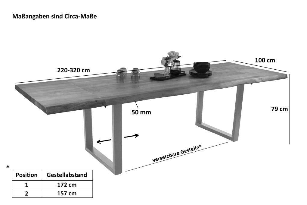 Esstisch Baumkante Akazie natur 220 (320) x 100 U-Gestell schwarz mit Ansteckplatten CALI itemprop=