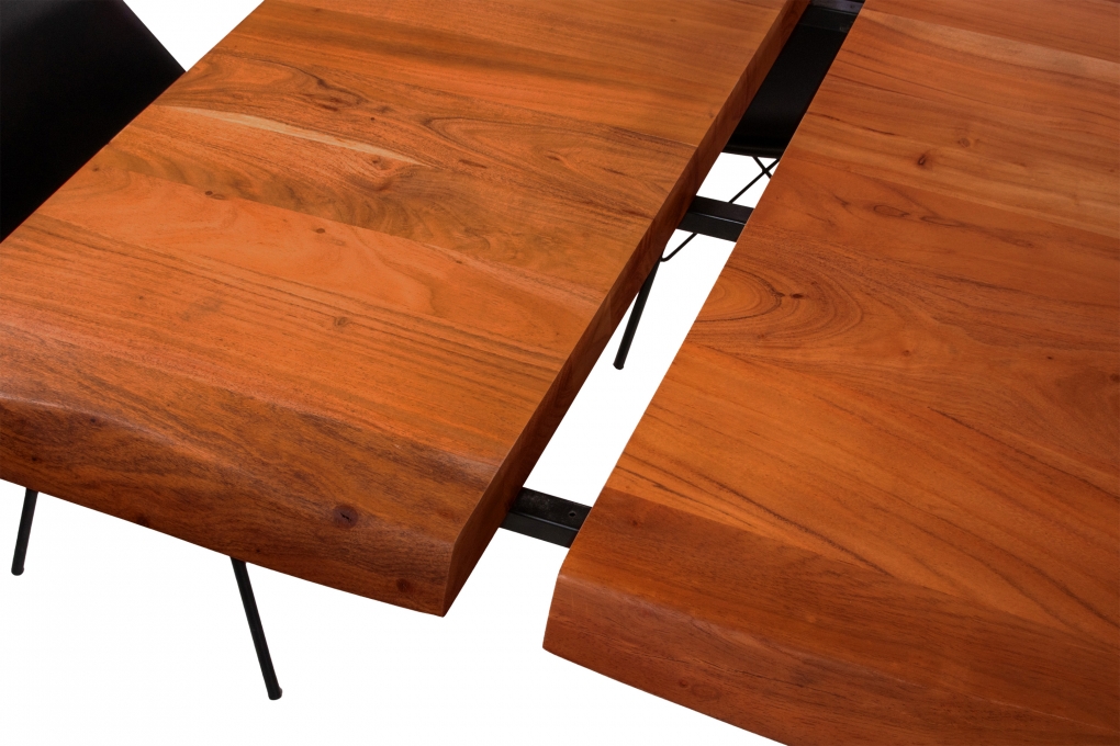 Esstisch Baumkante Akazie nuss 200 (300) x 100 U-Gestell silber mit Ansteckplatten CALI itemprop=