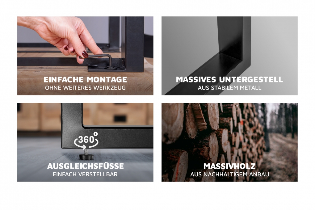Esstisch Baumkante Akazie nuss 200 (300) x 100 U-Gestell silber mit Ansteckplatten CALI itemprop=