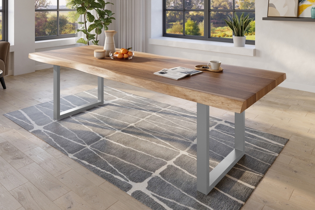 Esstisch Baumkante massiv Akazie natur 280 x 110 U-Gestell Metall silber TITAN itemprop=