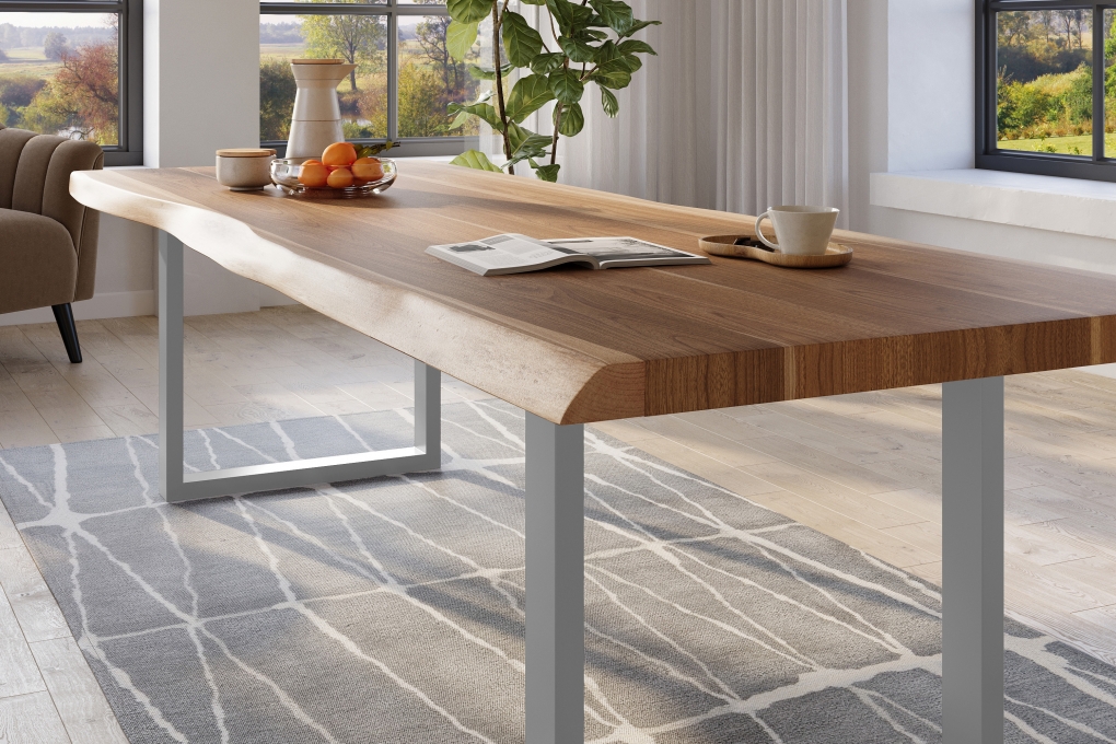 Esstisch Baumkante massiv Akazie natur 280 x 110 U-Gestell Metall silber TITAN itemprop=