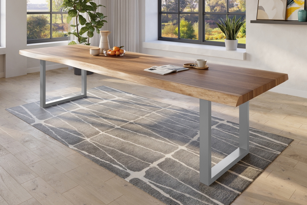 Esstisch Baumkante massiv Akazie natur 300 x 110 U-Gestell Metall silber TITAN itemprop=