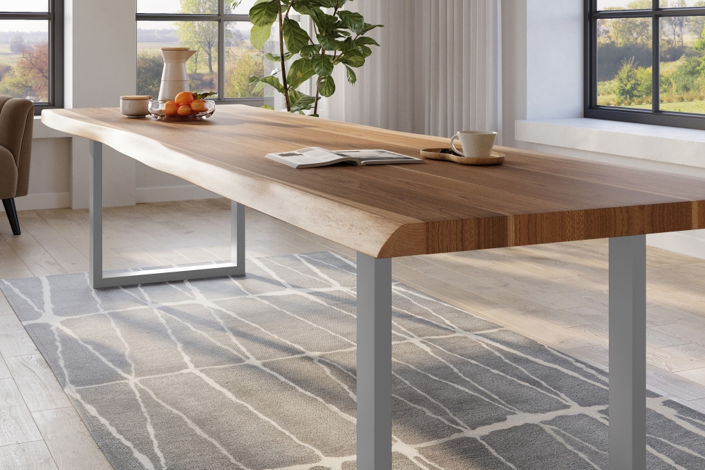 Esstisch Baumkante massiv Akazie natur 300 x 110 U-Gestell Metall silber TITAN itemprop=