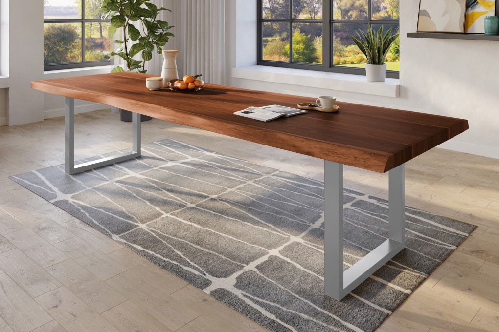 Esstisch Baumkante massiv Akazie nussbaumfarben 300 x 110 U-Gestell Metall silber TITAN itemprop=