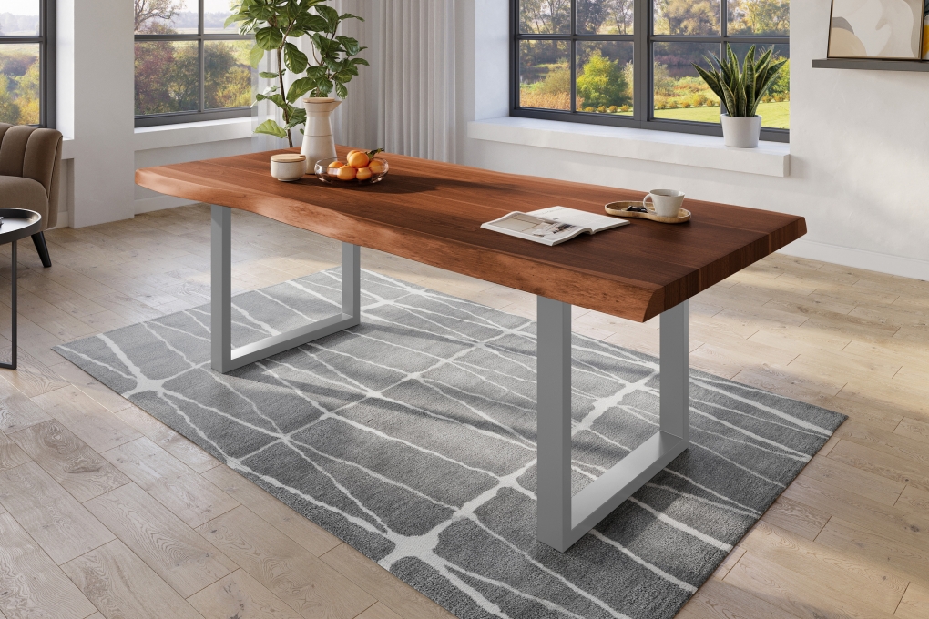 Esstisch Baumkante massiv Akazie nussbaumfarben 240 x 120 U-Gestell Metall silber TITAN itemprop=