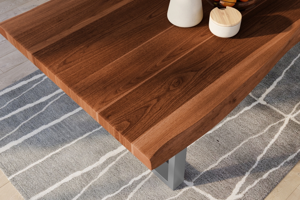 Esstisch Baumkante massiv Akazie nussbaumfarben 280 x 120 U-Gestell Metall silber TITAN itemprop=
