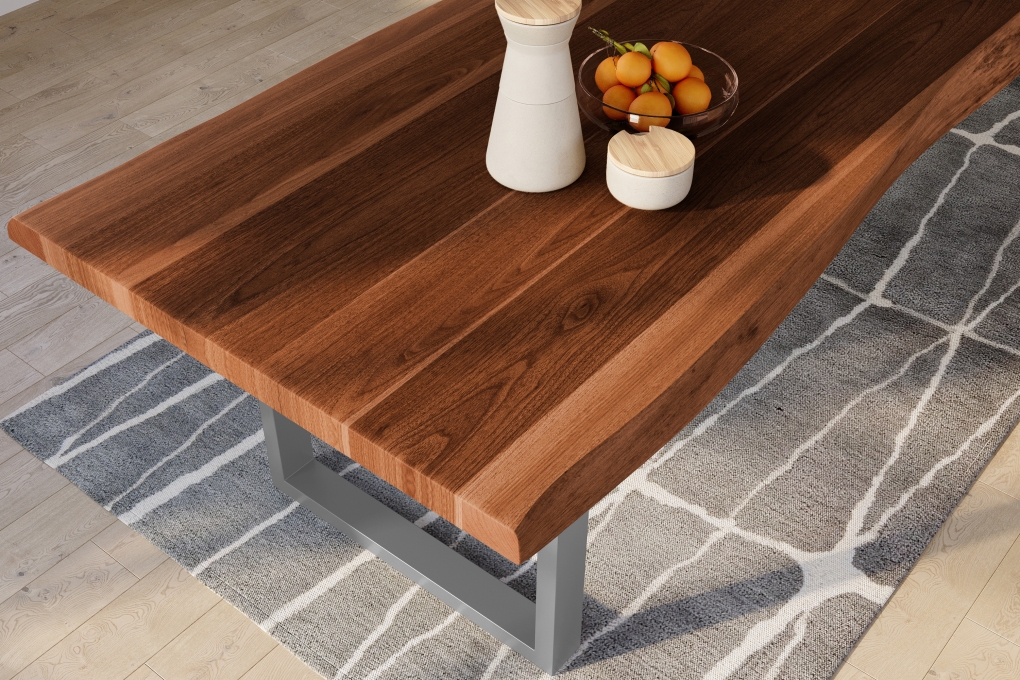 Esstisch Baumkante massiv Akazie nussbaumfarben 300 x 120 U-Gestell Metall silber TITAN itemprop=