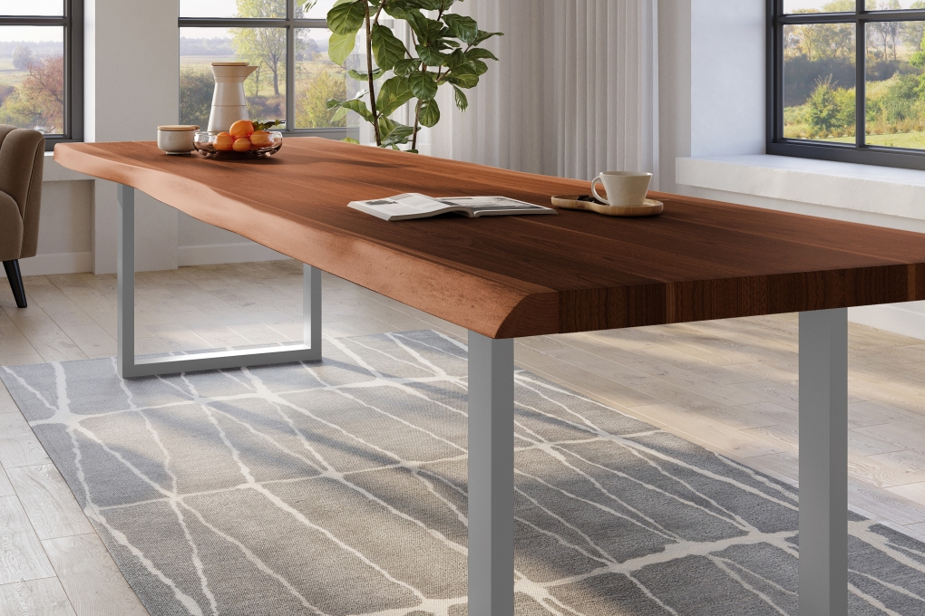 Esstisch Baumkante massiv Akazie nussbaumfarben 300 x 120 U-Gestell Metall silber TITAN itemprop=