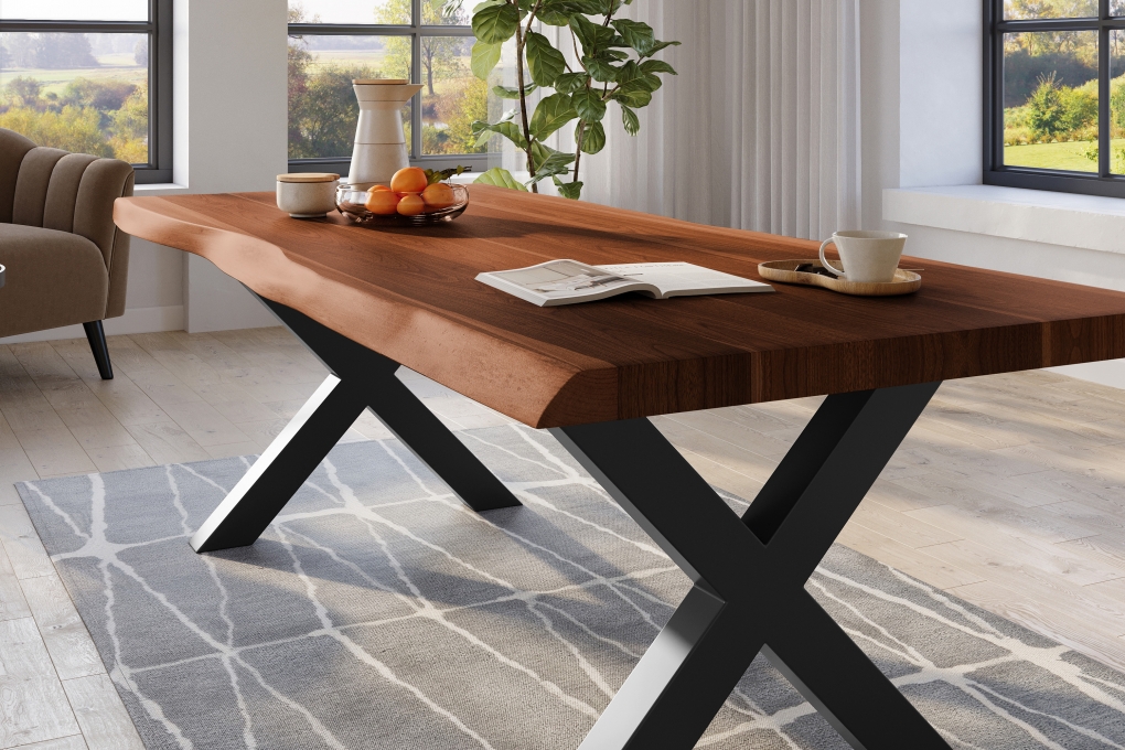 Esstisch Baumkante massiv Akazie nussbaumfarben 200 x 110 X-Gestell Metall schwarz TITAN itemprop=