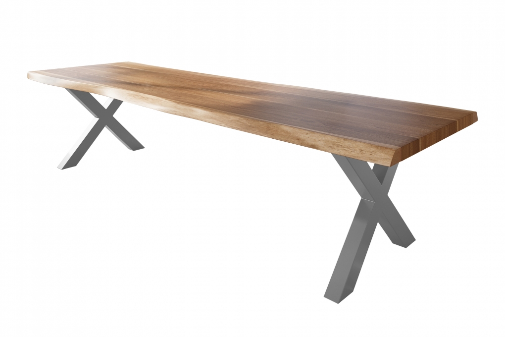 Esstisch Baumkante massiv Akazie natur 300 x 120 X-Gestell Metall silber TITAN itemprop=