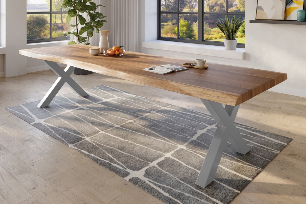 Esstisch Baumkante massiv Akazie natur 300 x 120 X-Gestell Metall silber TITAN itemprop=
