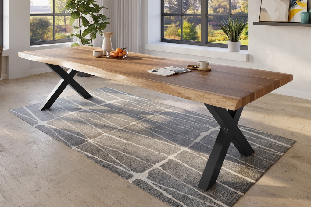 Esstisch Baumkante massiv Akazie natur 320 x 120 X-Gestell Metall schwarz TITAN itemprop=